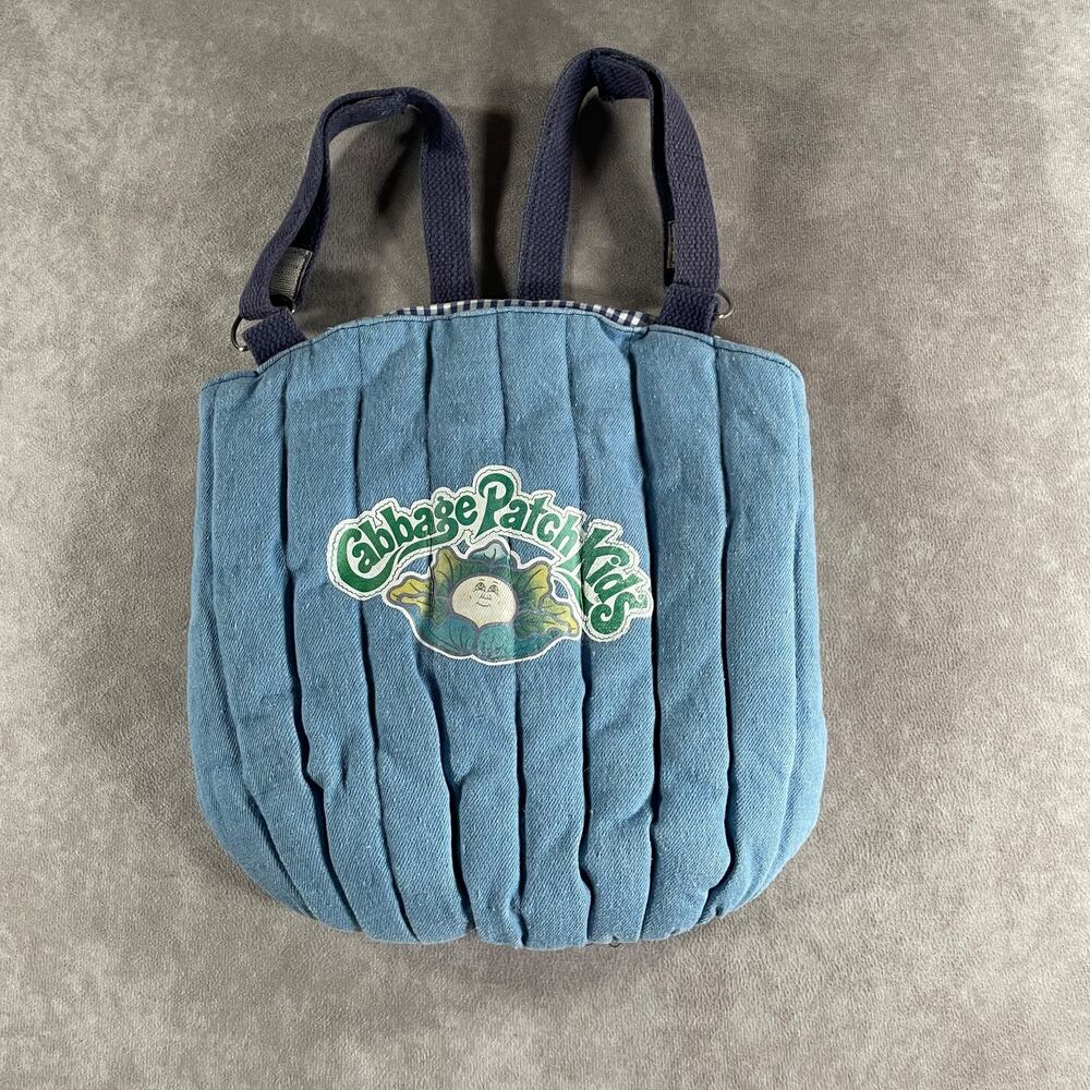 Vintage Cabbage Patch Kids Quilted Denim Tote Bag Purse Blue Gingham Lining 80s